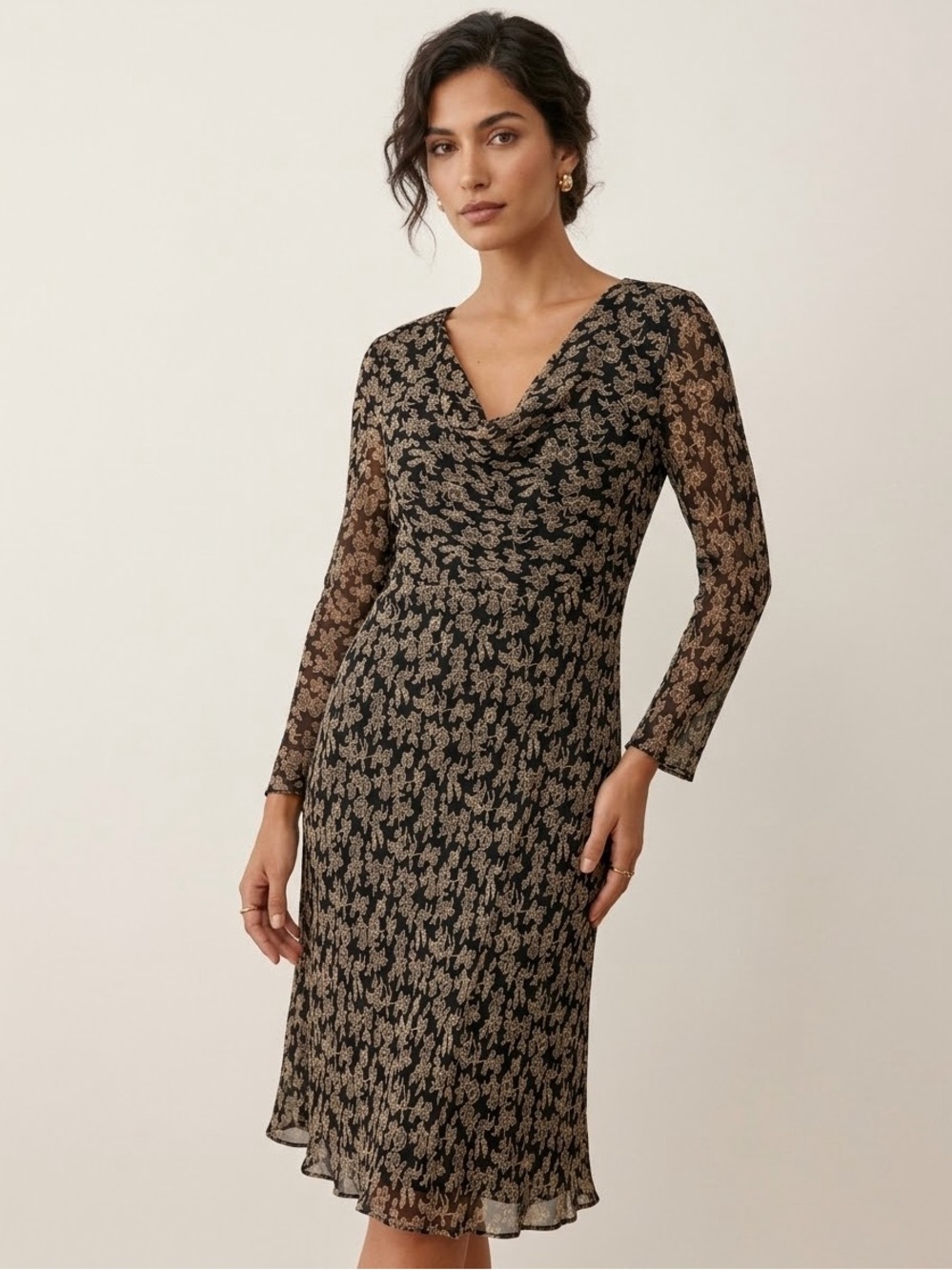 Donna Ricco Vintage Floral Cowl Neck Midi Dress Black Cream Sz 6
